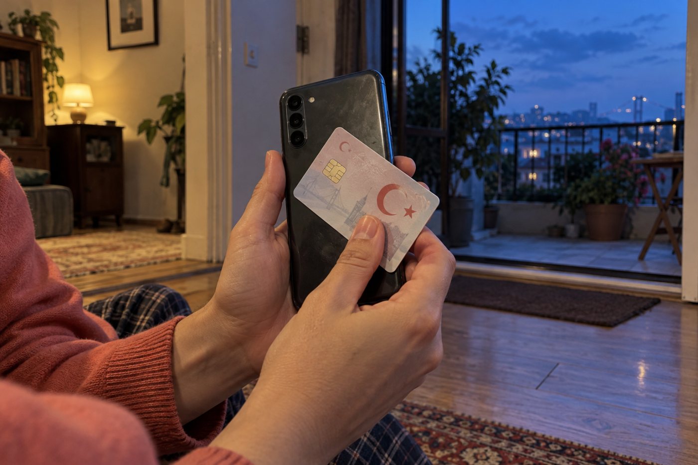 Çipli kimlik kartı, e-Devlet Kapısı için telefon numarası doğrulamasında NFC özellikli telefona temas ediyor.