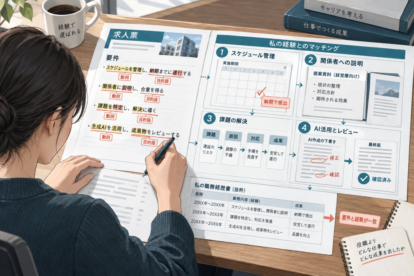 応募先の求人要件を読み分け、管理・説明・問題解決・AI活用の実績を対応させる作業