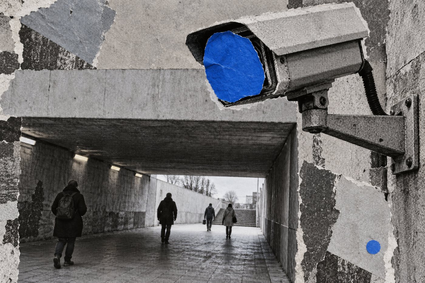 Une caméra inactive dans un passage public évoque l’interdiction d’utiliser Claude pour suivre des personnes sans leur consentement.