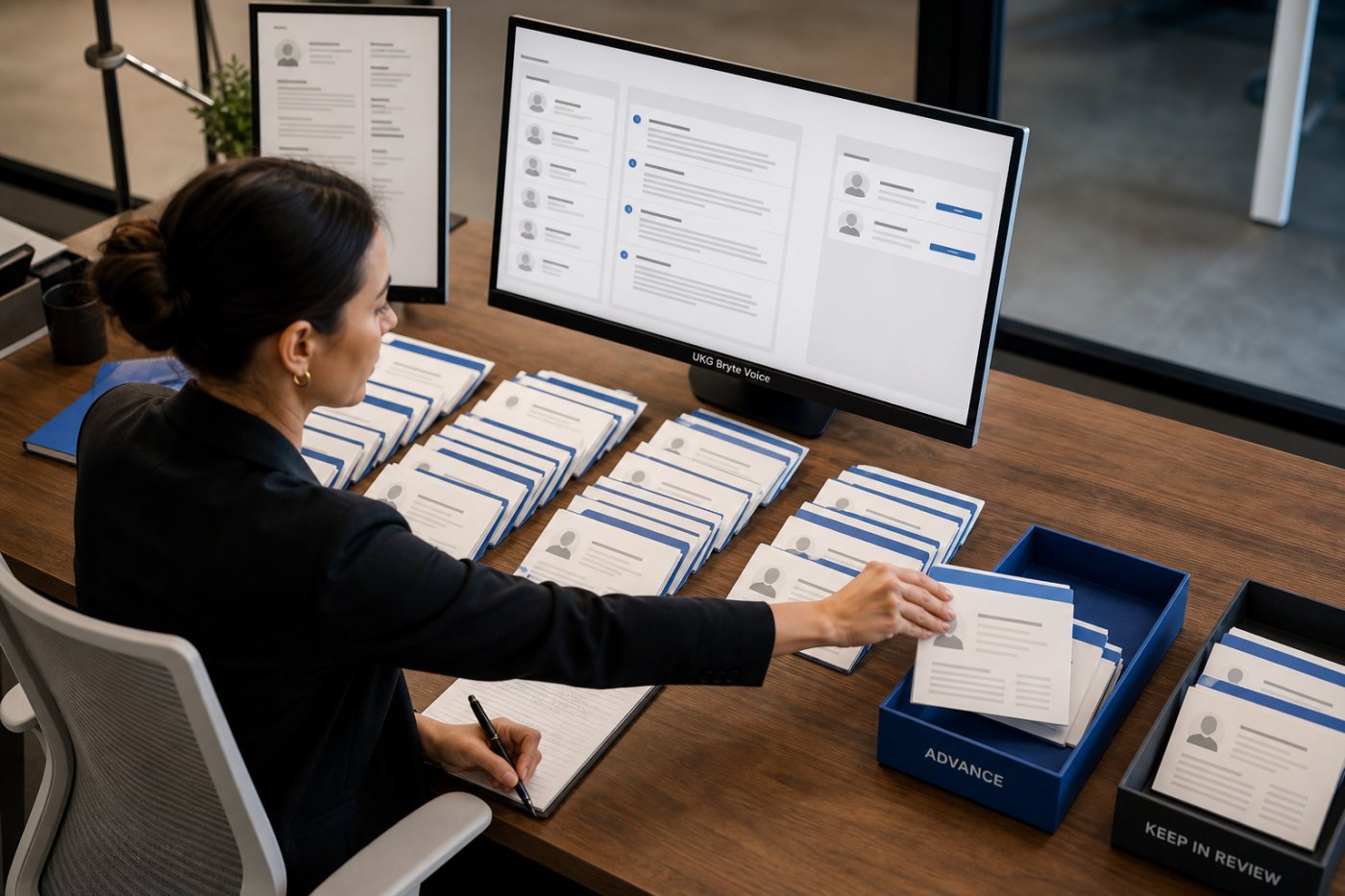 A recruiter reviews UKG-assisted candidate summaries and decides which applicants advance in a high-volume hiring workflow.