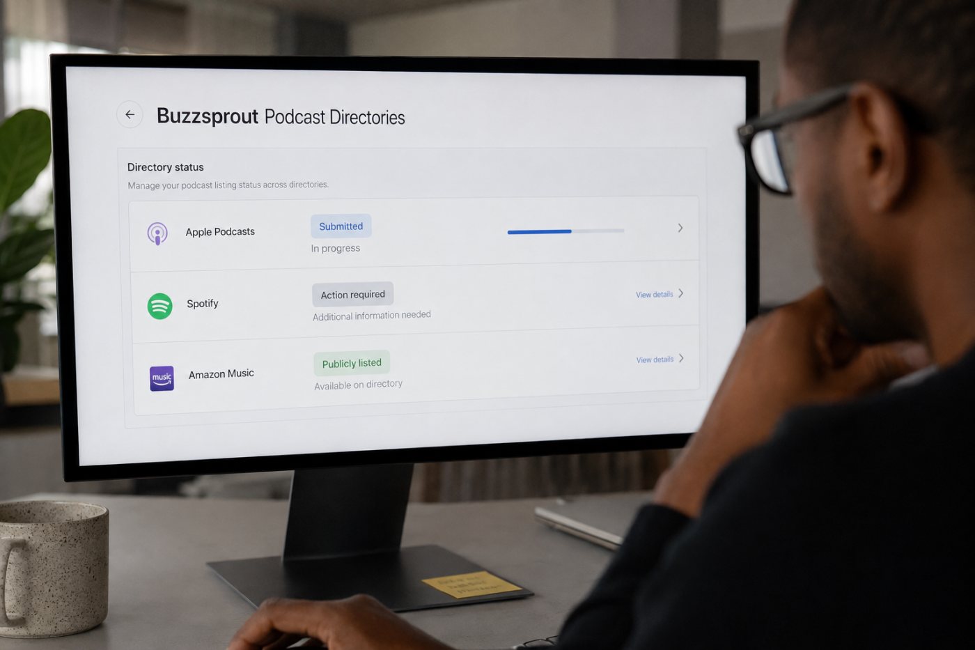 Pengiriman podcast dari Buzzsprout menghasilkan status berbeda pada setiap direktori.