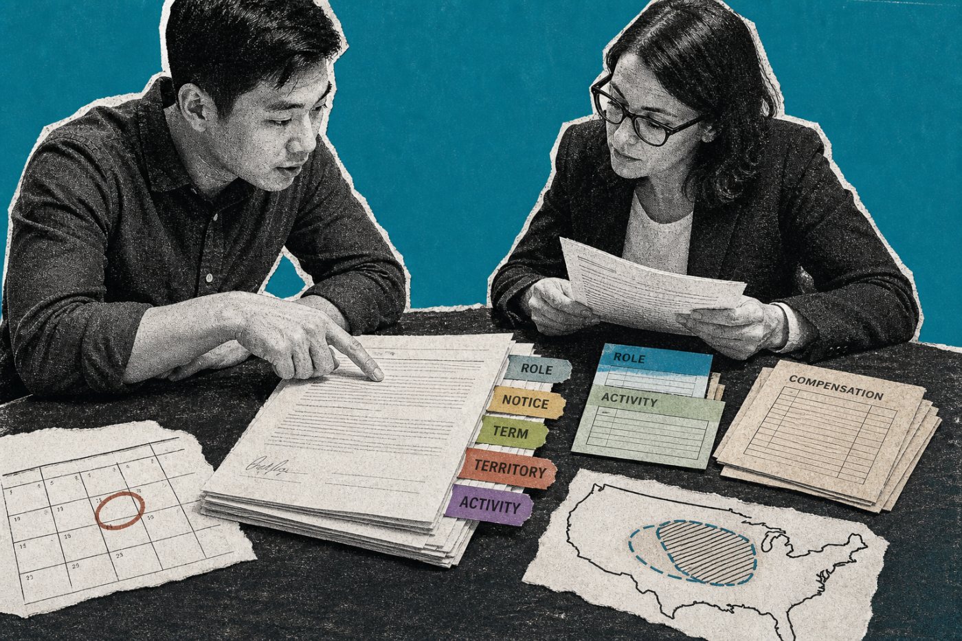 A noncompete is checked against worker category, compensation, notice, duration, territory and restricted activity.