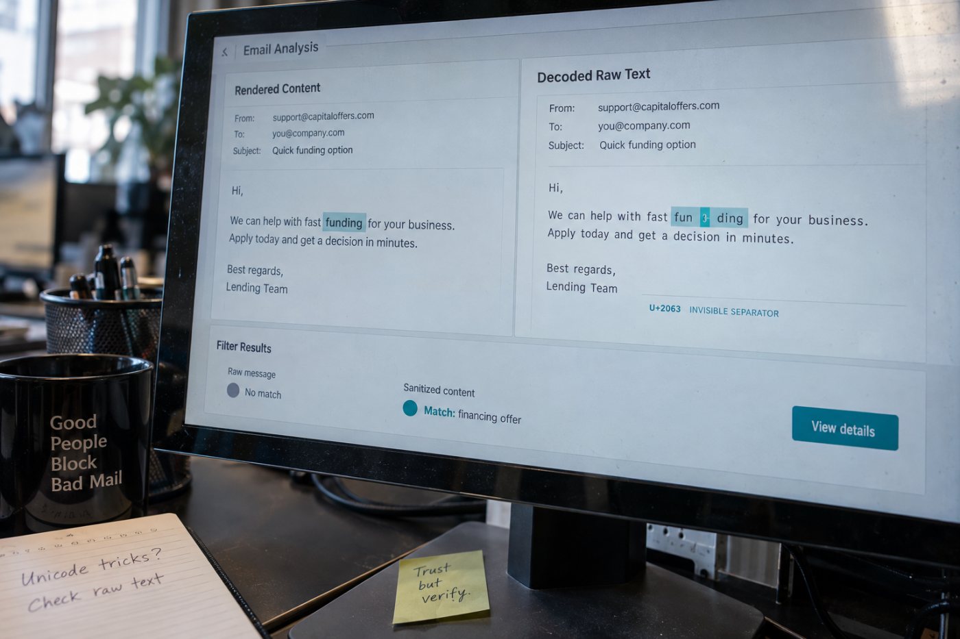 একই ইমেইলের দৃশ্যমান লেখায় স্বাভাবিক “funding”, কিন্তু raw text-এ অদৃশ্য U+E0020 দিয়ে শব্দটি বিভক্ত।
