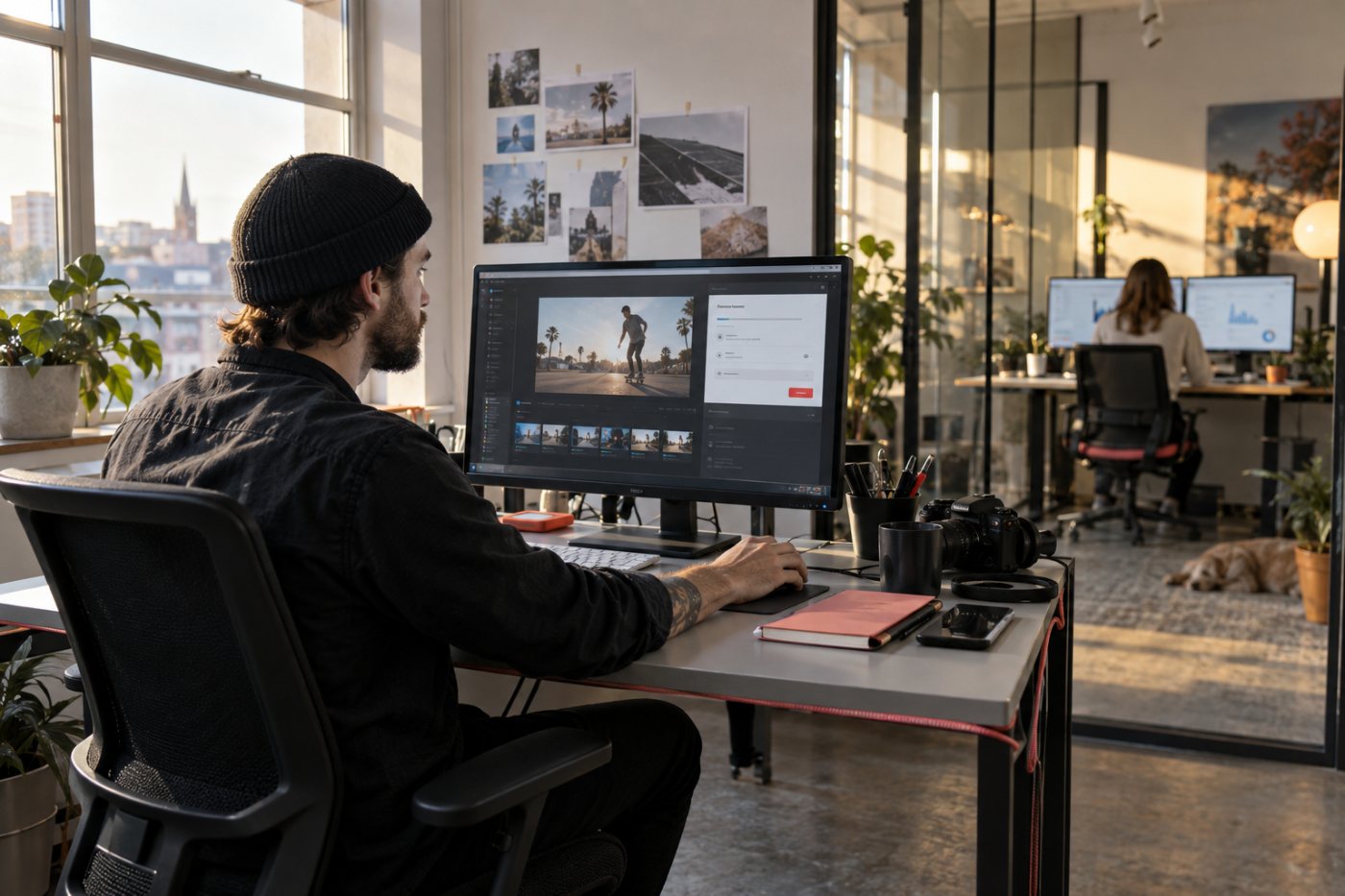 Ein eingeschränkter Bearbeiter veröffentlicht Inhalte im YouTube Studio, während Umsatzdaten, Benutzerverwaltung und weitreichende Löschrechte gesperrt bleiben.