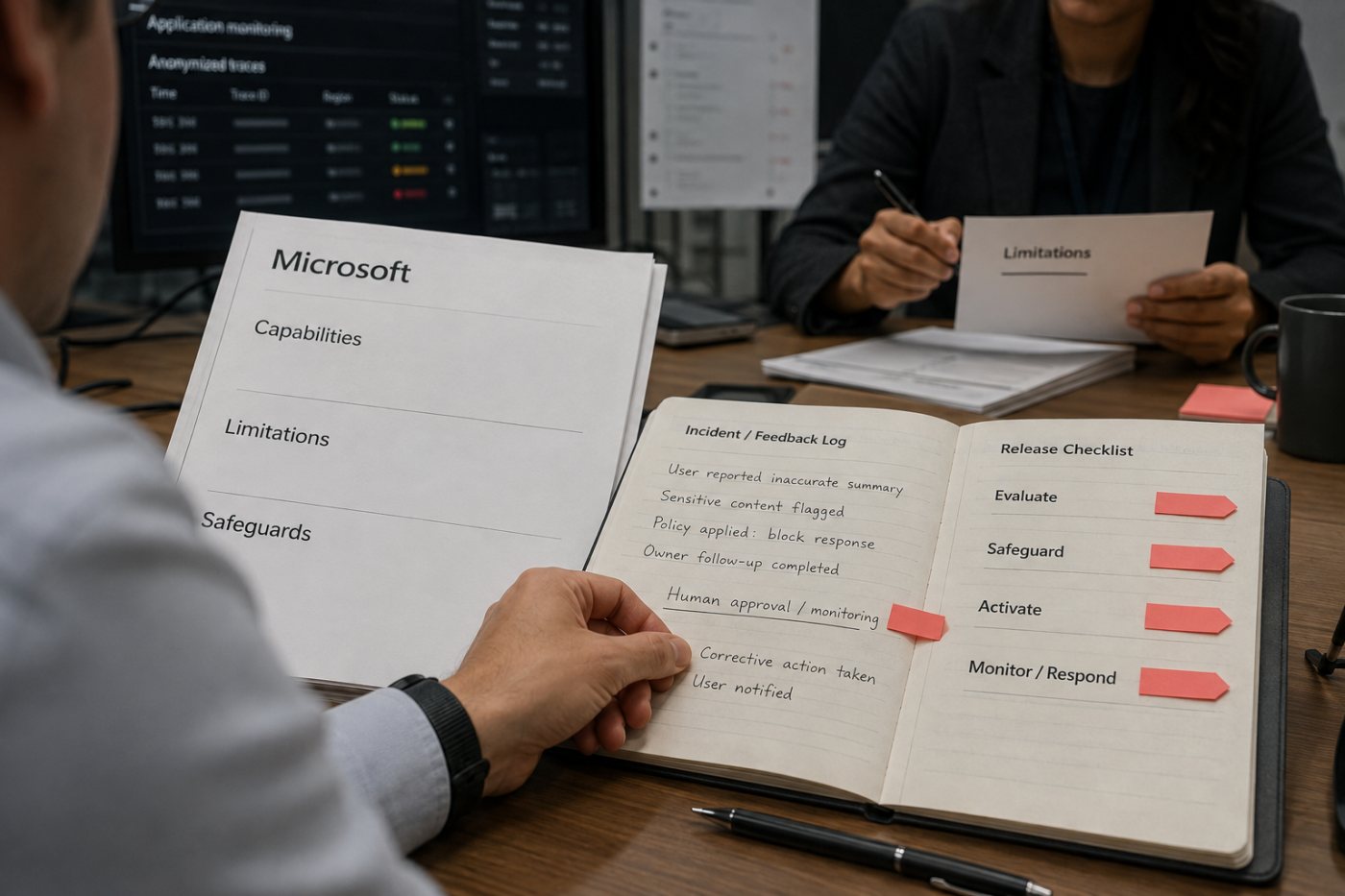 فريق نشر يطبق مراحل التقييم والإطلاق والرصد وإبلاغ المستخدم ضمن حوكمة Microsoft للذكاء الاصطناعي