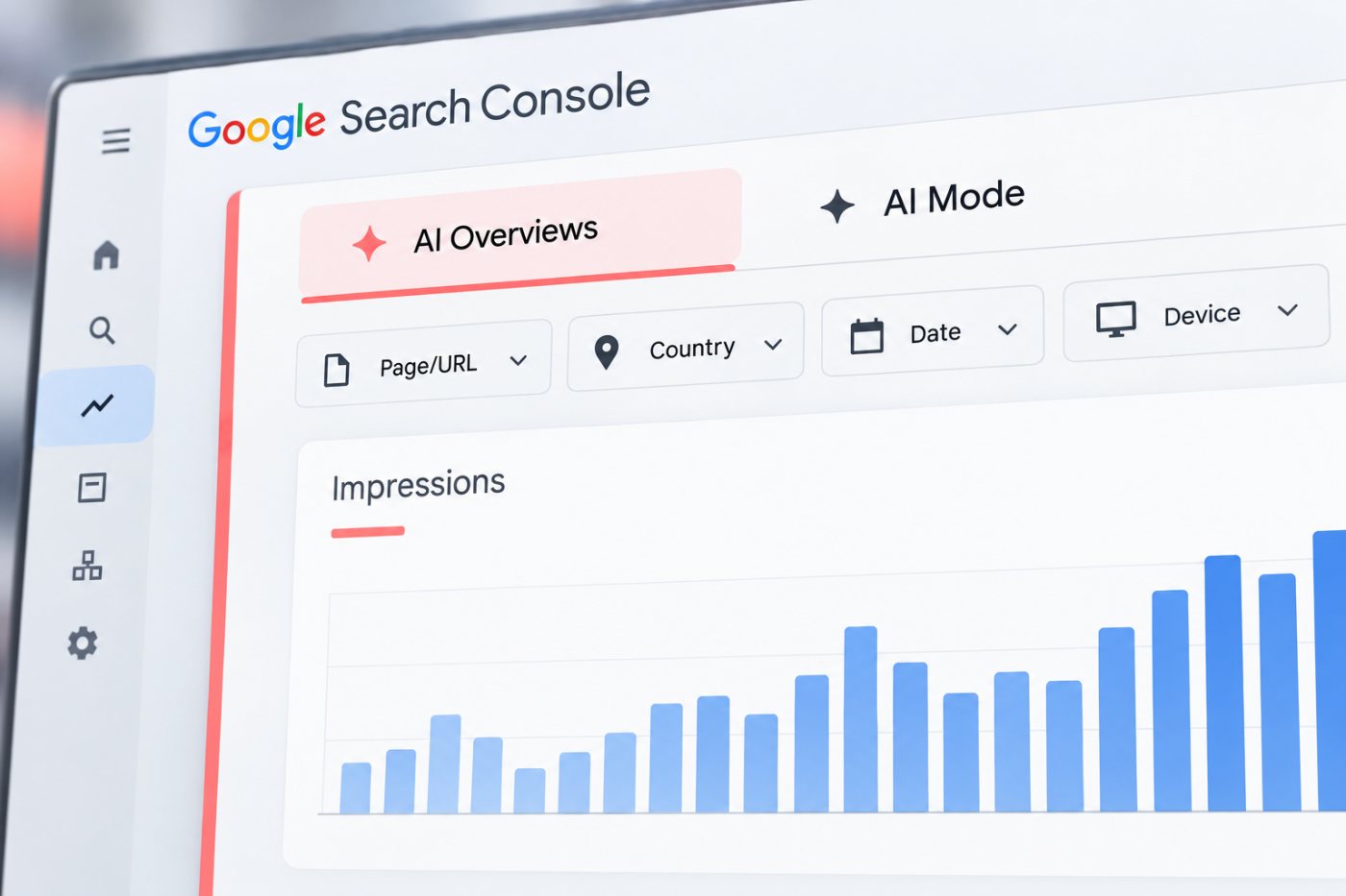 Google Search Console میں AI Overviews اور AI Mode کے impressions کو page، country، date اور device کے لحاظ سے دیکھنے کا عمل