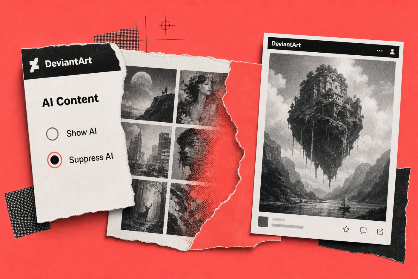 Le réglage Suppress AI réduit les œuvres détectées comme générées dans la navigation DeviantArt sans les retirer des liens directs.