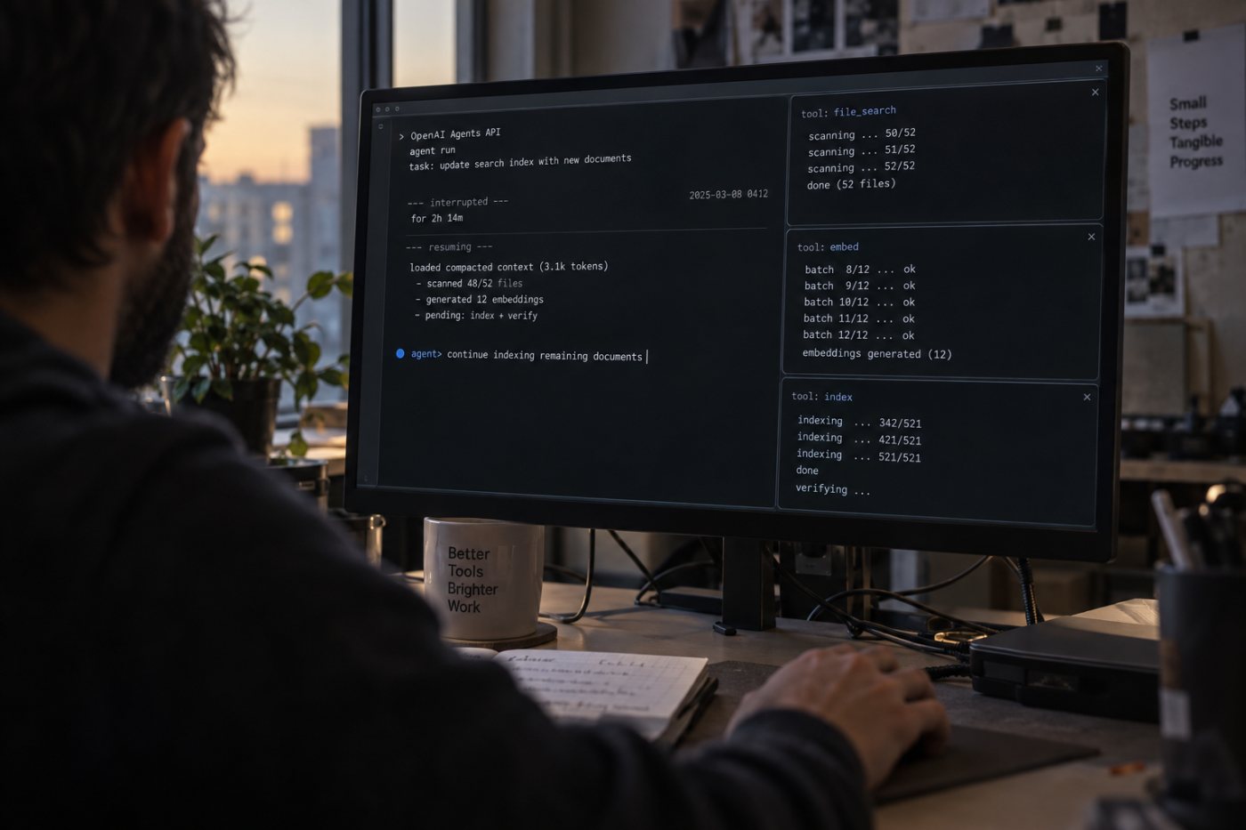 An OpenAI Agents API session manages context, recovery, and coordinated tool work across a long-running task.