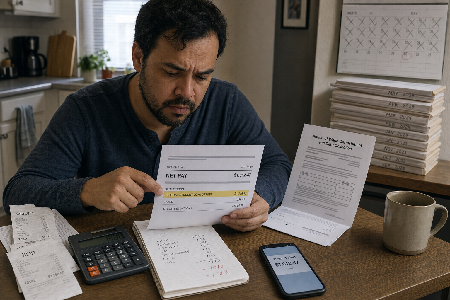 Federal student-loan collection documents showing possible wage garnishment, Treasury offset, and a 65-day response window.