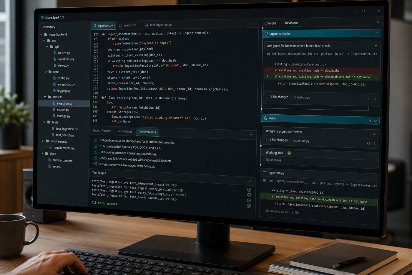 Muse Spark 1.3が進行中の開発作業への割り込みを処理し、元の要件を保ったまま作業を再開する工程