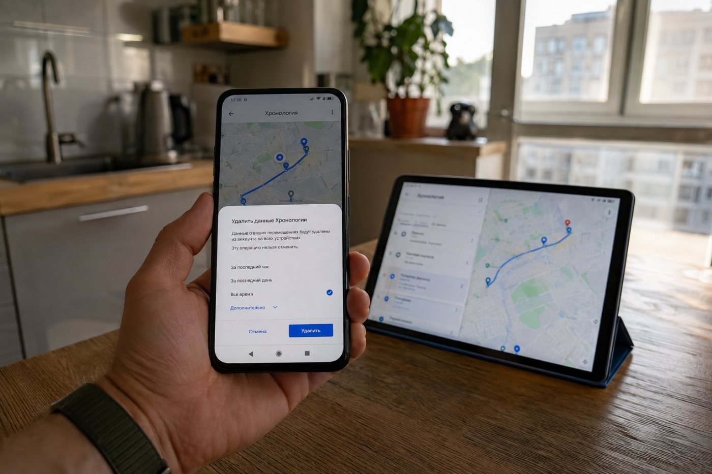 Посещения и маршруты удаляются отдельно через настройки Google Maps Timeline