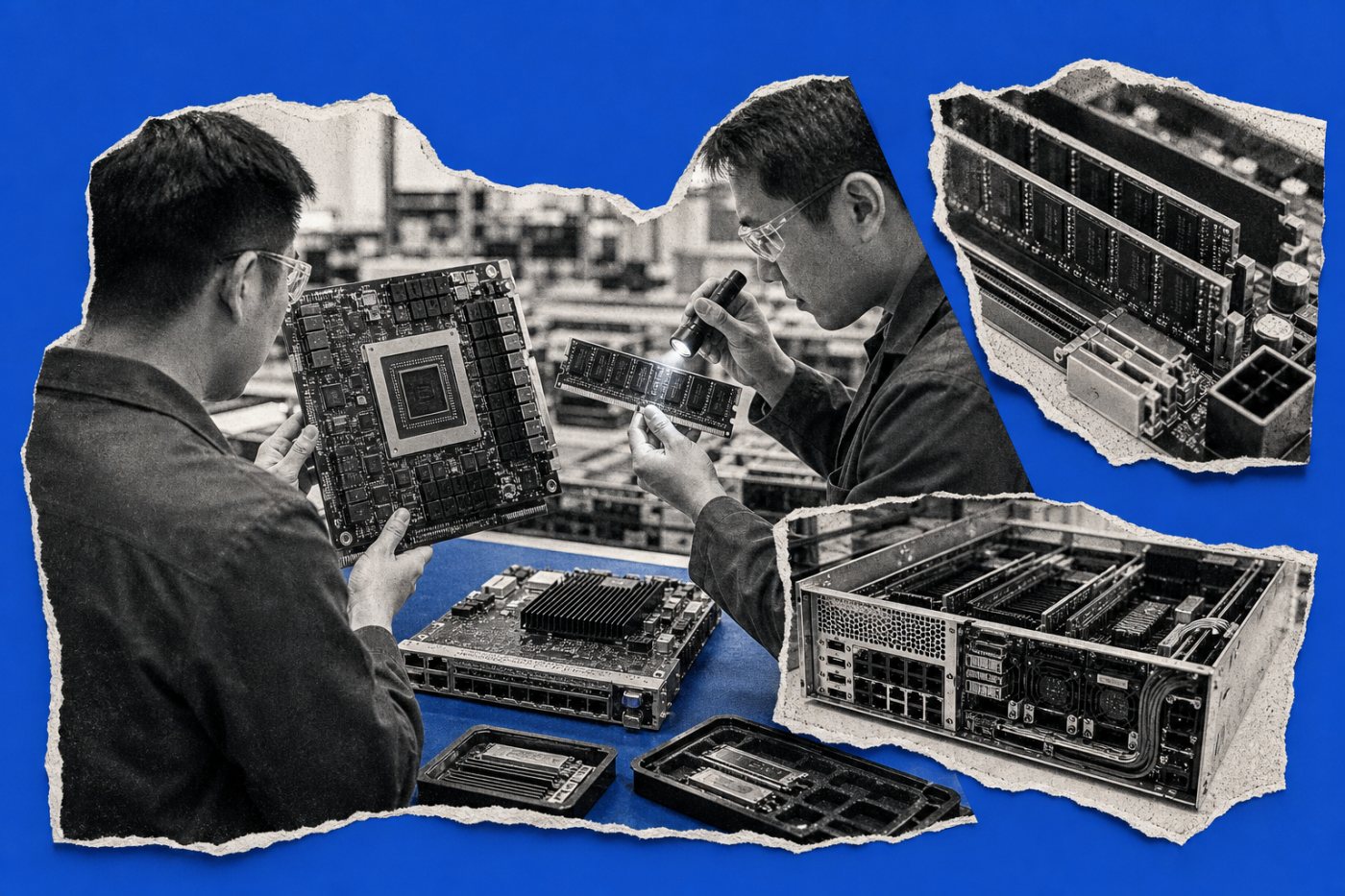 Các lớp chip, bộ nhớ và thiết bị kết nối được kiểm tra trước khi tích hợp thành hệ thống điện toán AI.