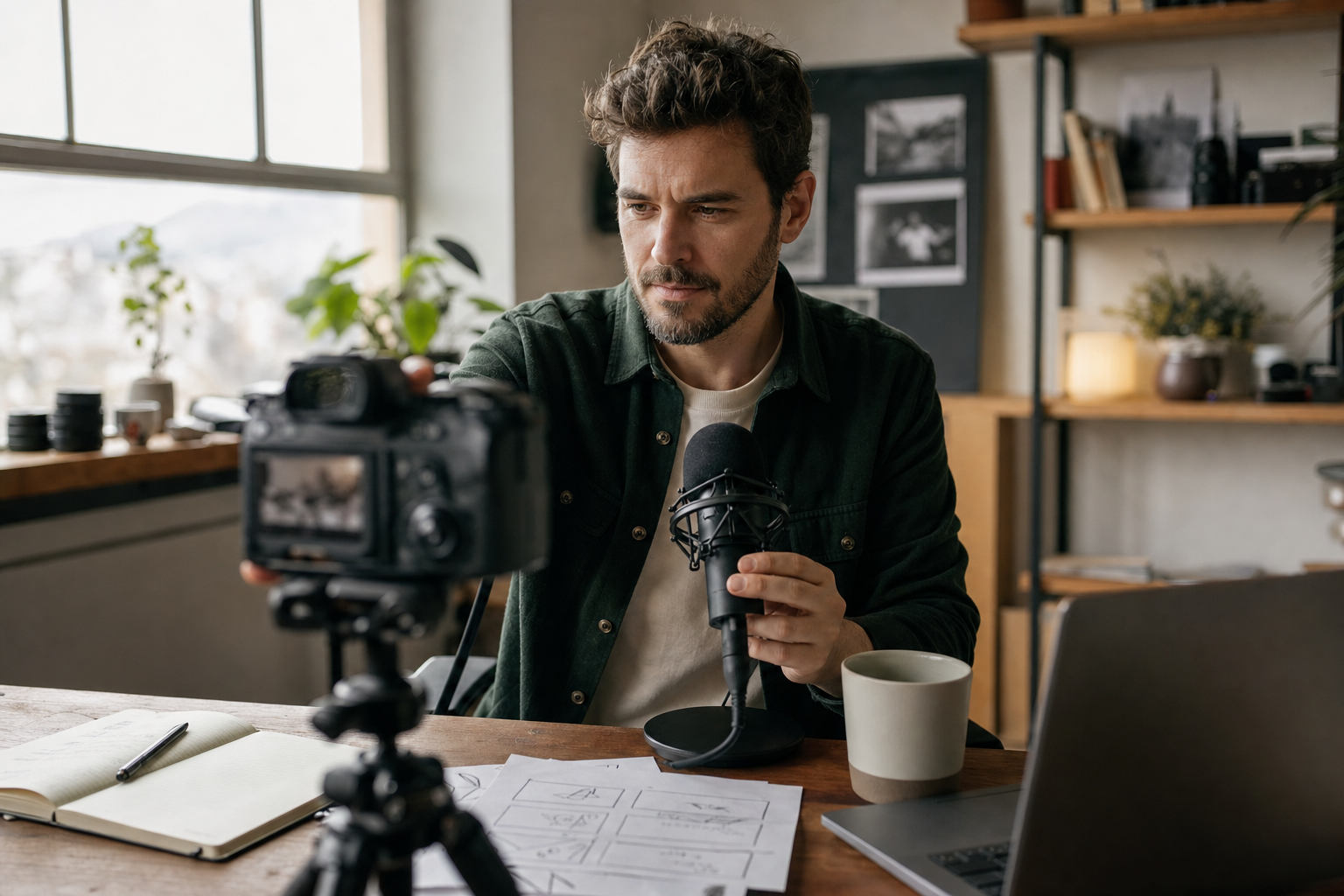 A creator records an original YouTube segment in front of a camera and microphone