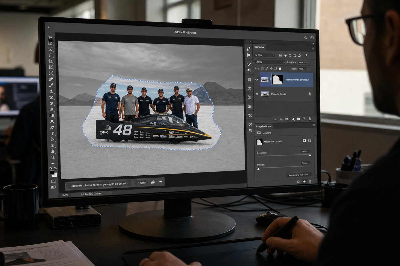 Composição do Photoshop combina uma edição por prompt com máscara precisa para proteger partes da imagem.