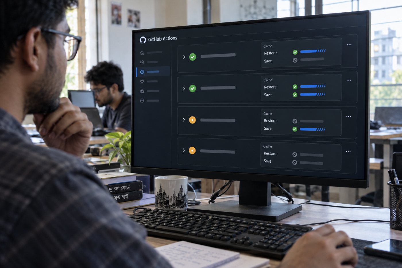 GitHub Actions job-এ read, write, write-only ও none অনুযায়ী cache restore ও save-এর চার ফল