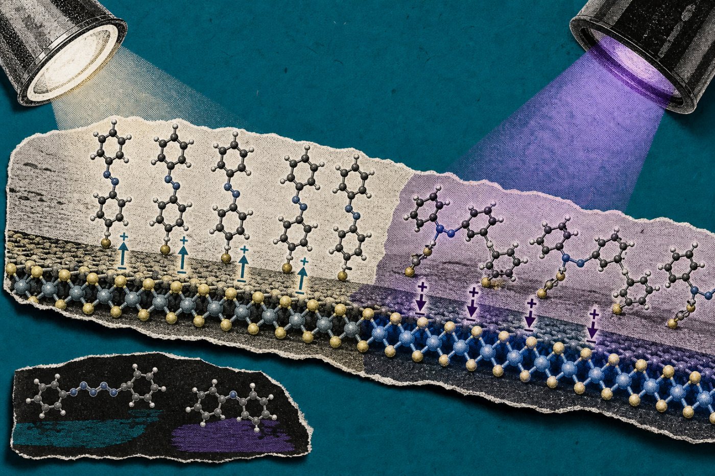 Una capa de azobenceno cambia de configuración con luz ultravioleta y visible y modifica el semiconductor 2D situado debajo.