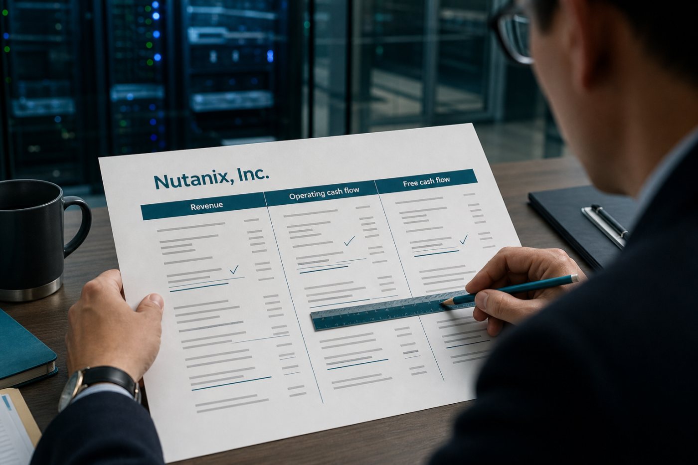 Resultados fiscais da Nutanix distinguem receita de US$ 2,85 bilhões, caixa operacional e fluxo de caixa livre.
