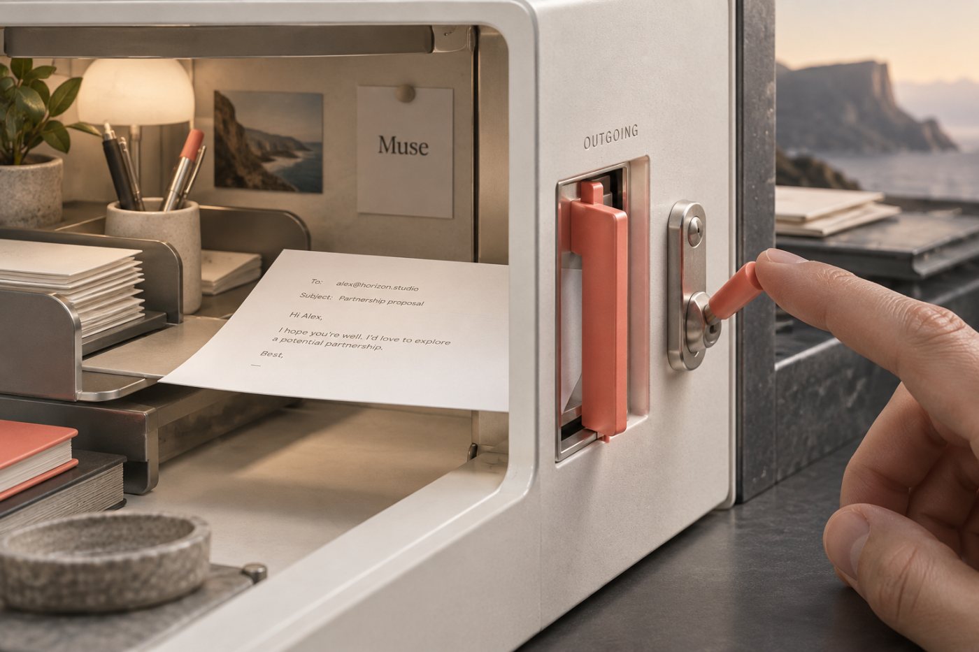 Muse prepares an email but holds the outgoing message until the user approves sending it.