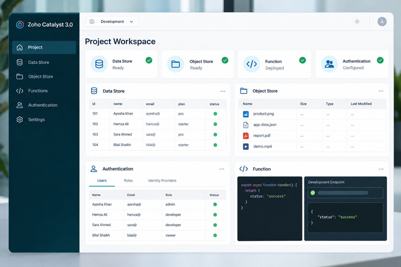 Zoho Catalyst 3.0 میں agent کے ذریعے database، storage، authentication اور function endpoint کی تیاری