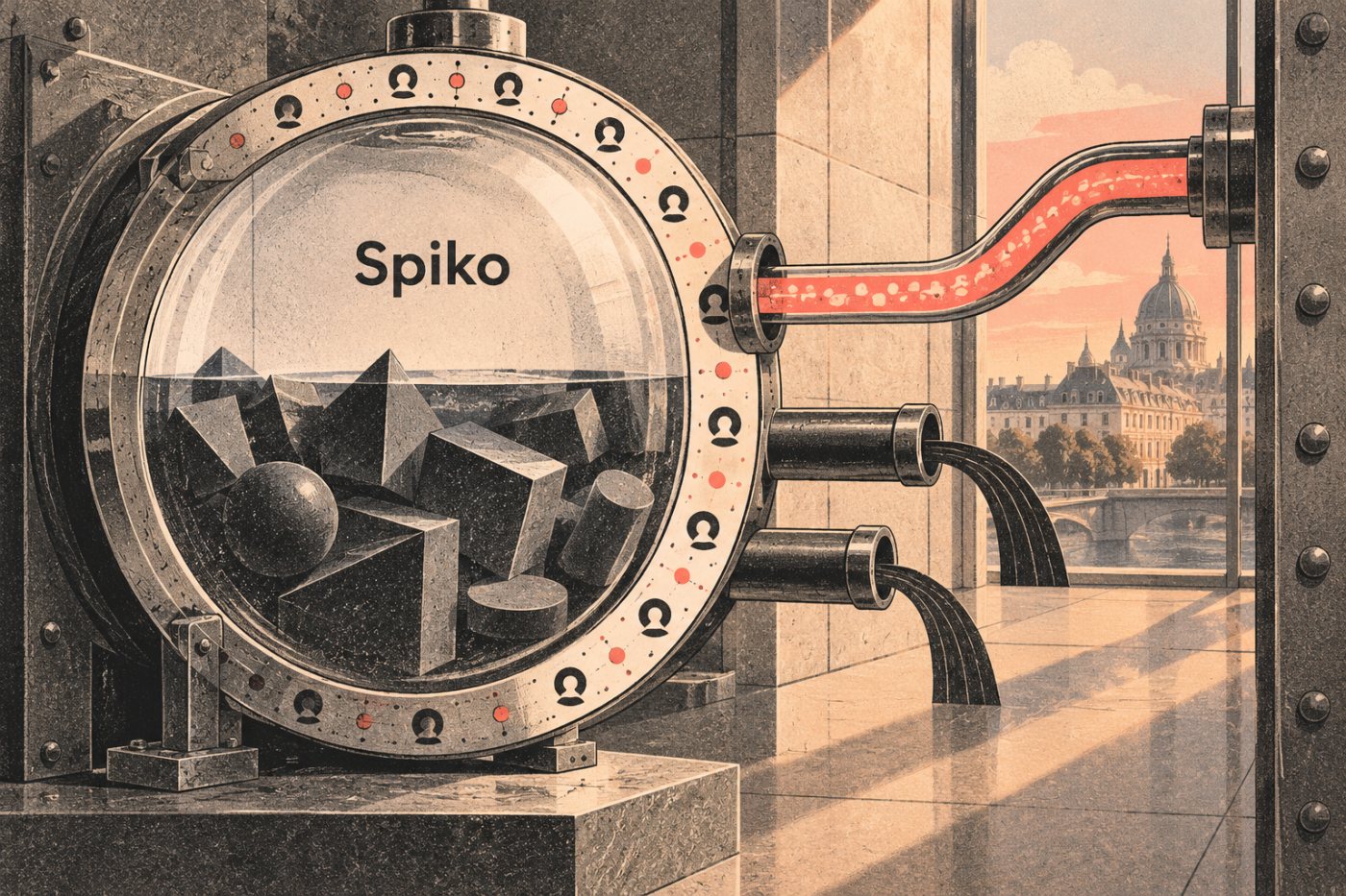 Unit dana kas Spiko menghubungkan aset investasi, catatan kepemilikan pada blockchain, dan otomasi kas melalui API.