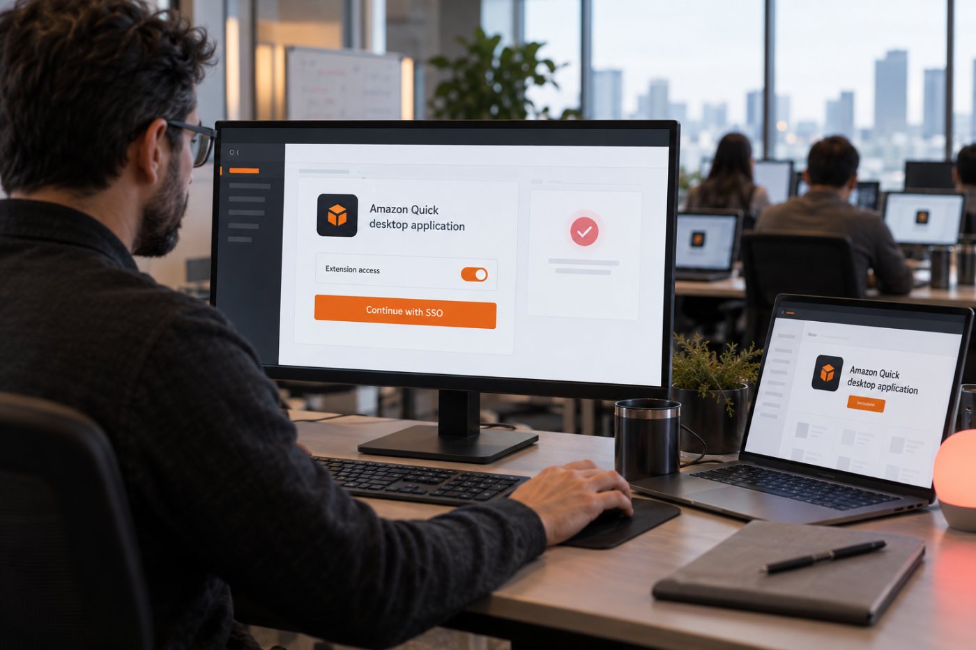An administrator enables Amazon Quick Enterprise extension access and verifies corporate SSO before deployment
