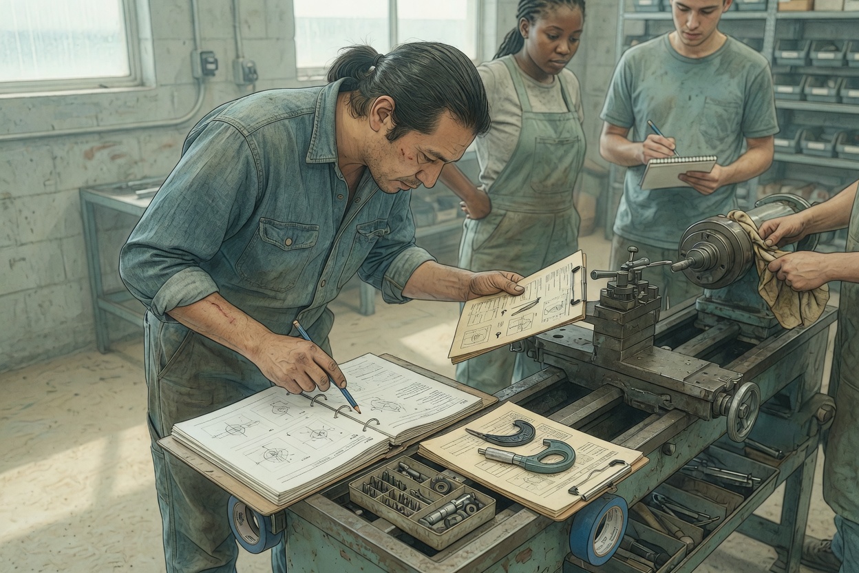 Machinist reviewing setup procedures and tooling in a manufacturing training environment