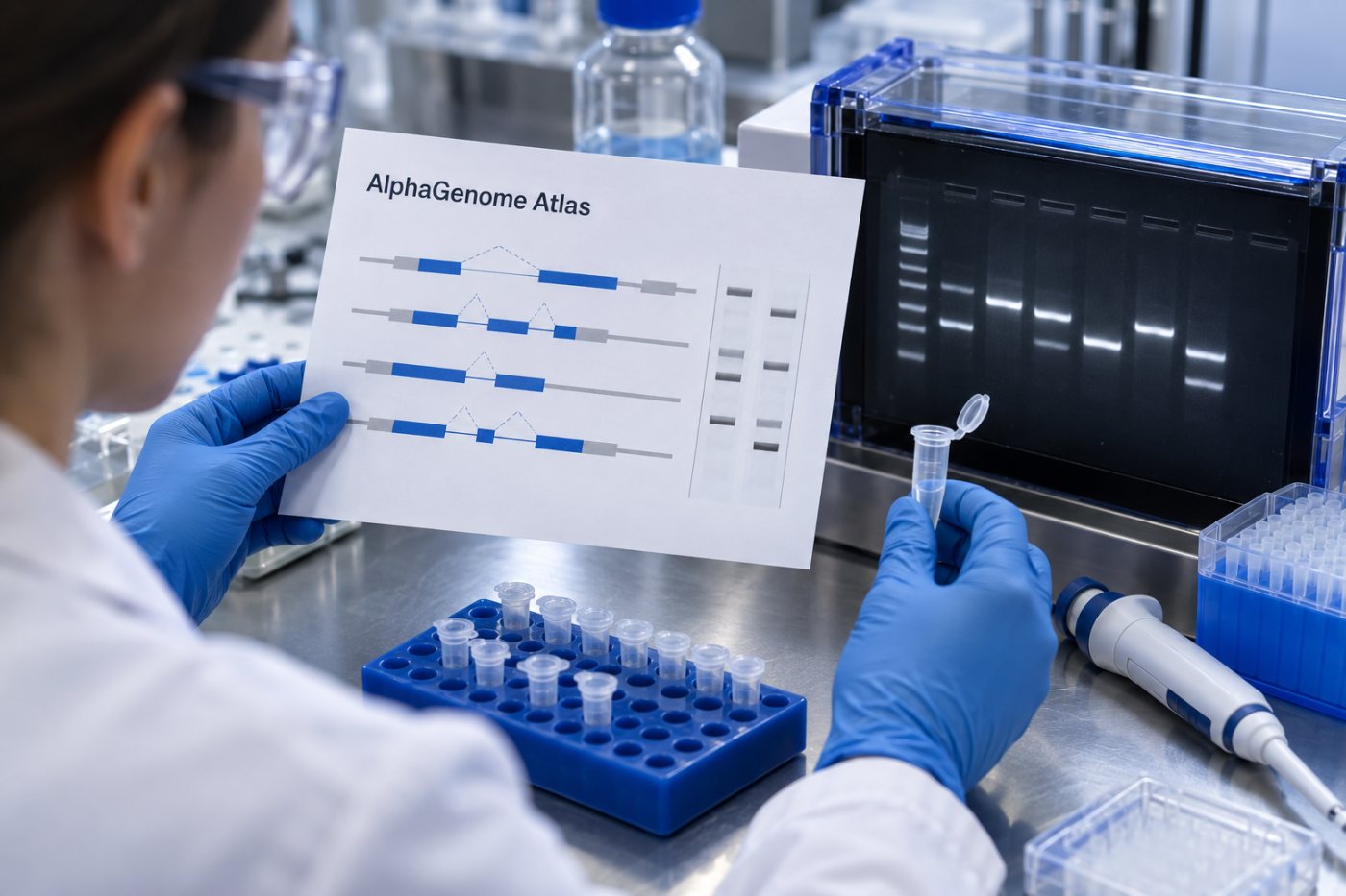 Variante priorizada pelo AlphaGenome Atlas segue para validação laboratorial por ensaio molecular.