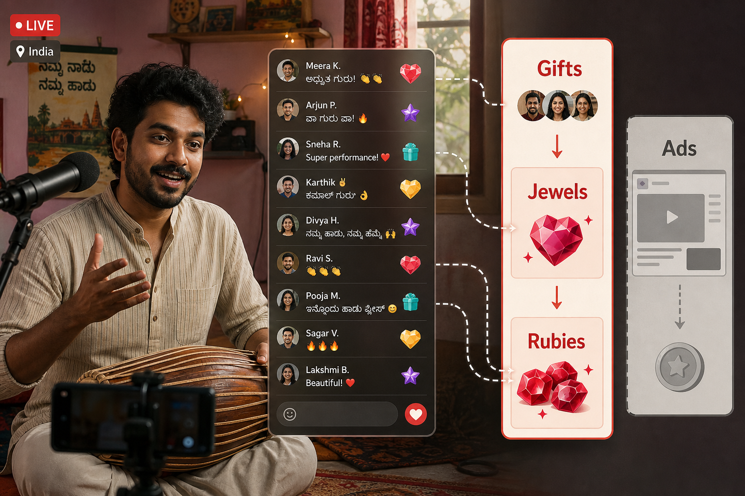 भारत में YouTube लाइव प्रसारण पर दर्शकों के Gifts से Jewels और Rubies के जरिए अलग प्रशंसक-समर्थन आय दिखाई देती है