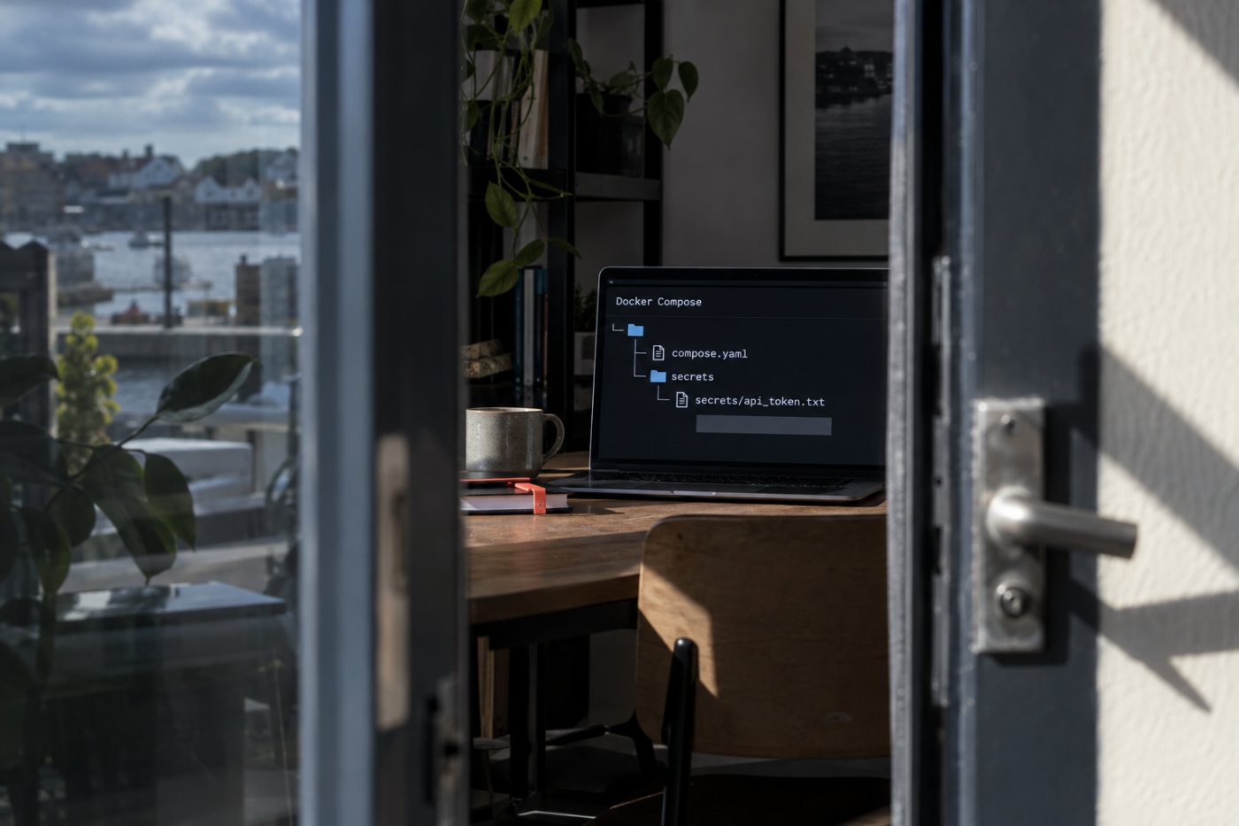 Compose-filen peker på secrets/api_token.txt som kilde til hemmeligheten.