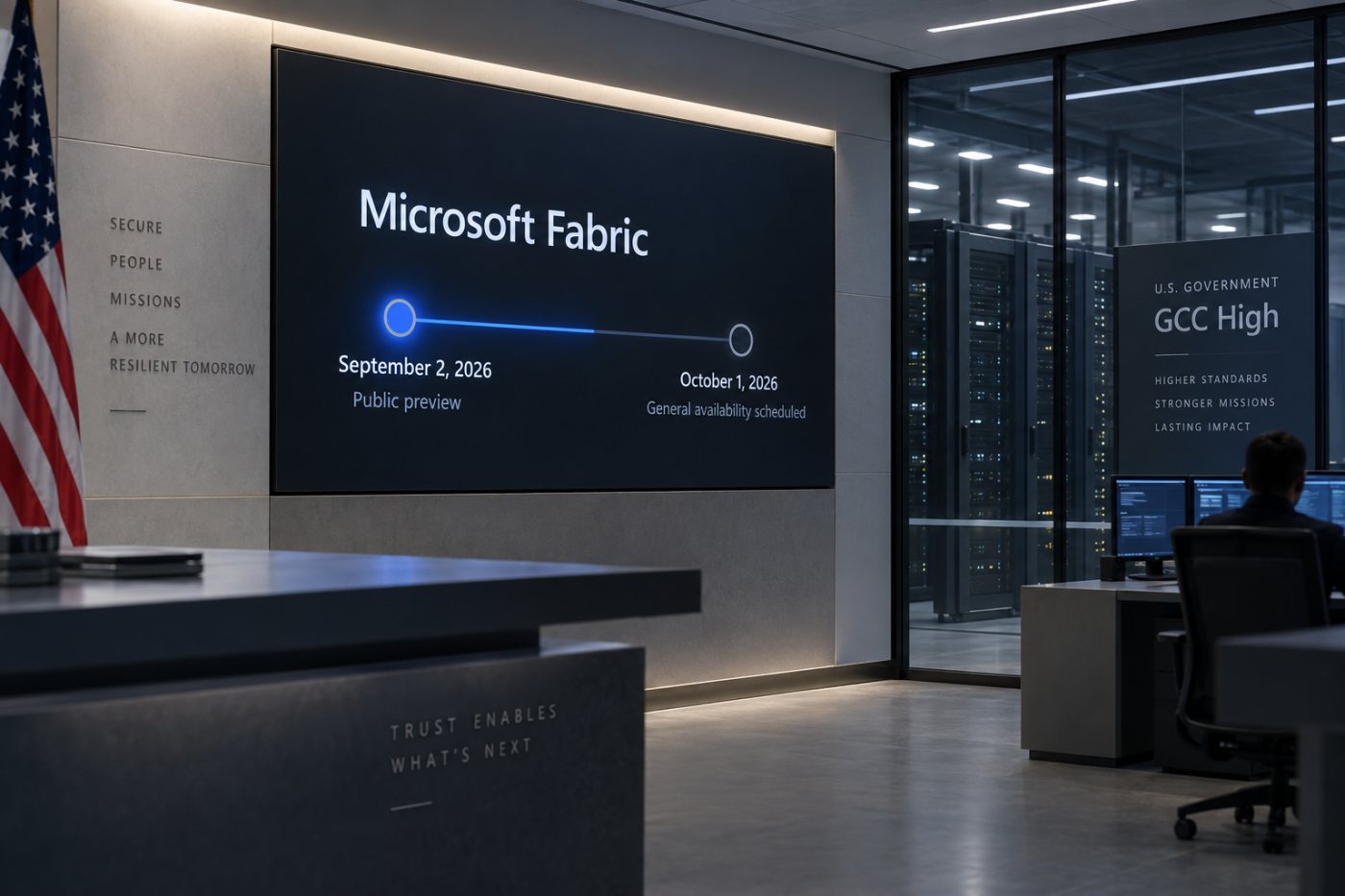 Microsoft Fabric의 GCC High 공개 미리보기 시작일과 정식 제공 예정일이 구분된 상태