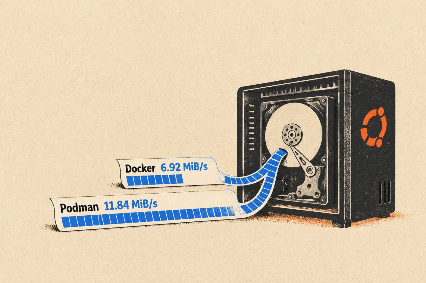 Tek Ubuntu test düzeninde disk okuma hızı Docker için 6,92 MiB/s, Podman için 11,84 MiB/s ölçüldü.