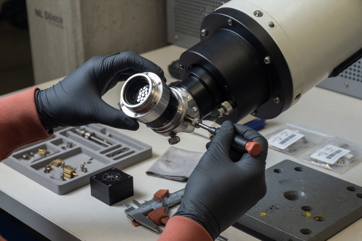 Technicians assembling adaptive optics for the EAGLE-1 optical ground station telescope.