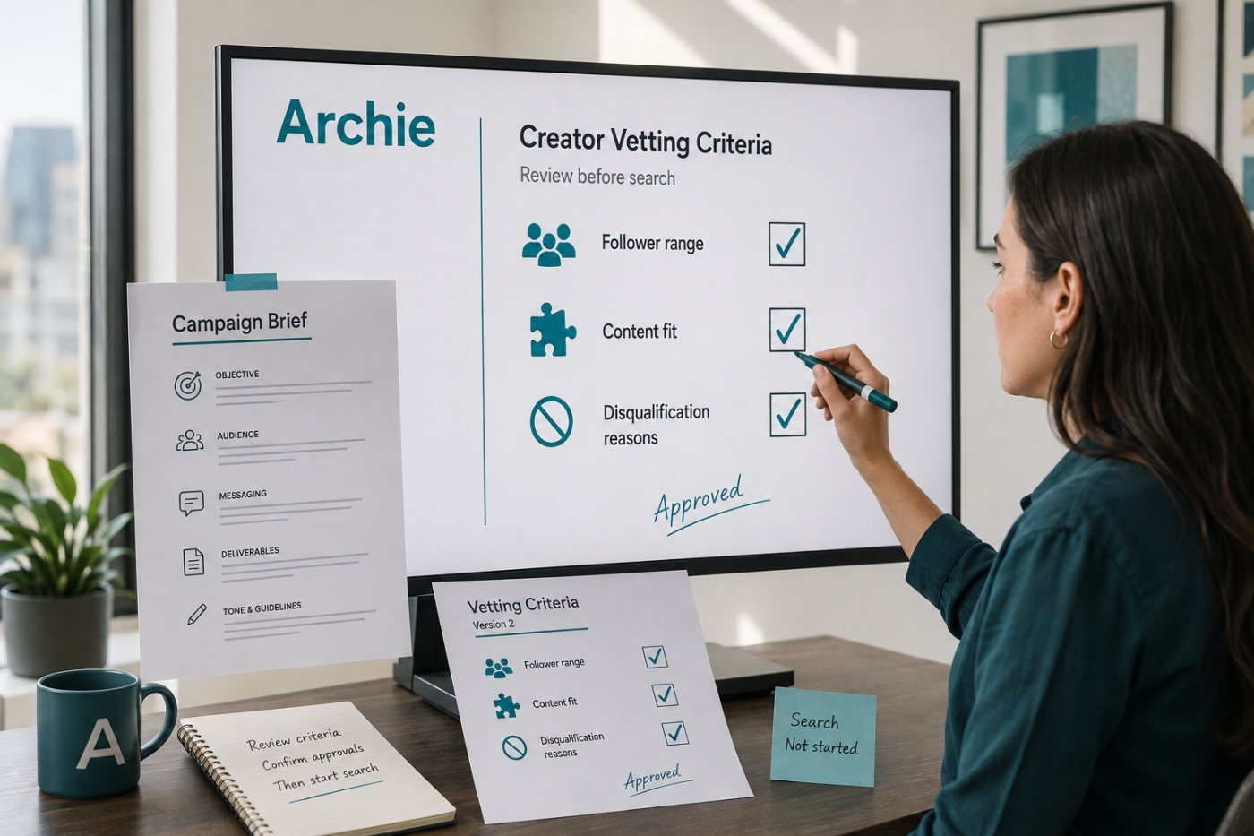 Archie converte um briefing de campanha em critérios que a equipe revisa antes da busca