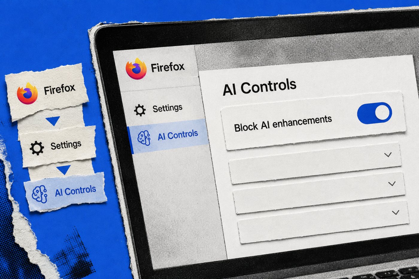 Firefox desktop میں Settings سے AI Controls کھول کر Block AI enhancements فعال کرنے کا راستہ