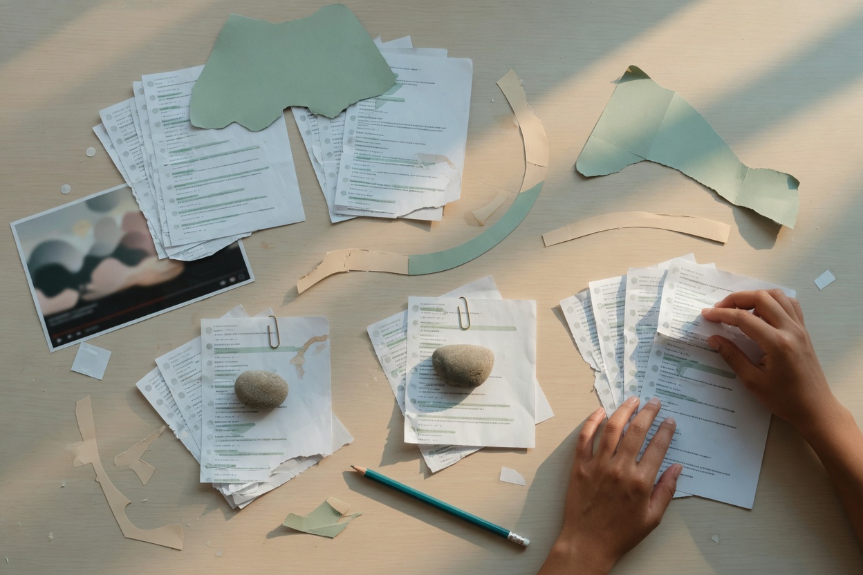 Organizing comment sheets on a desk for planning