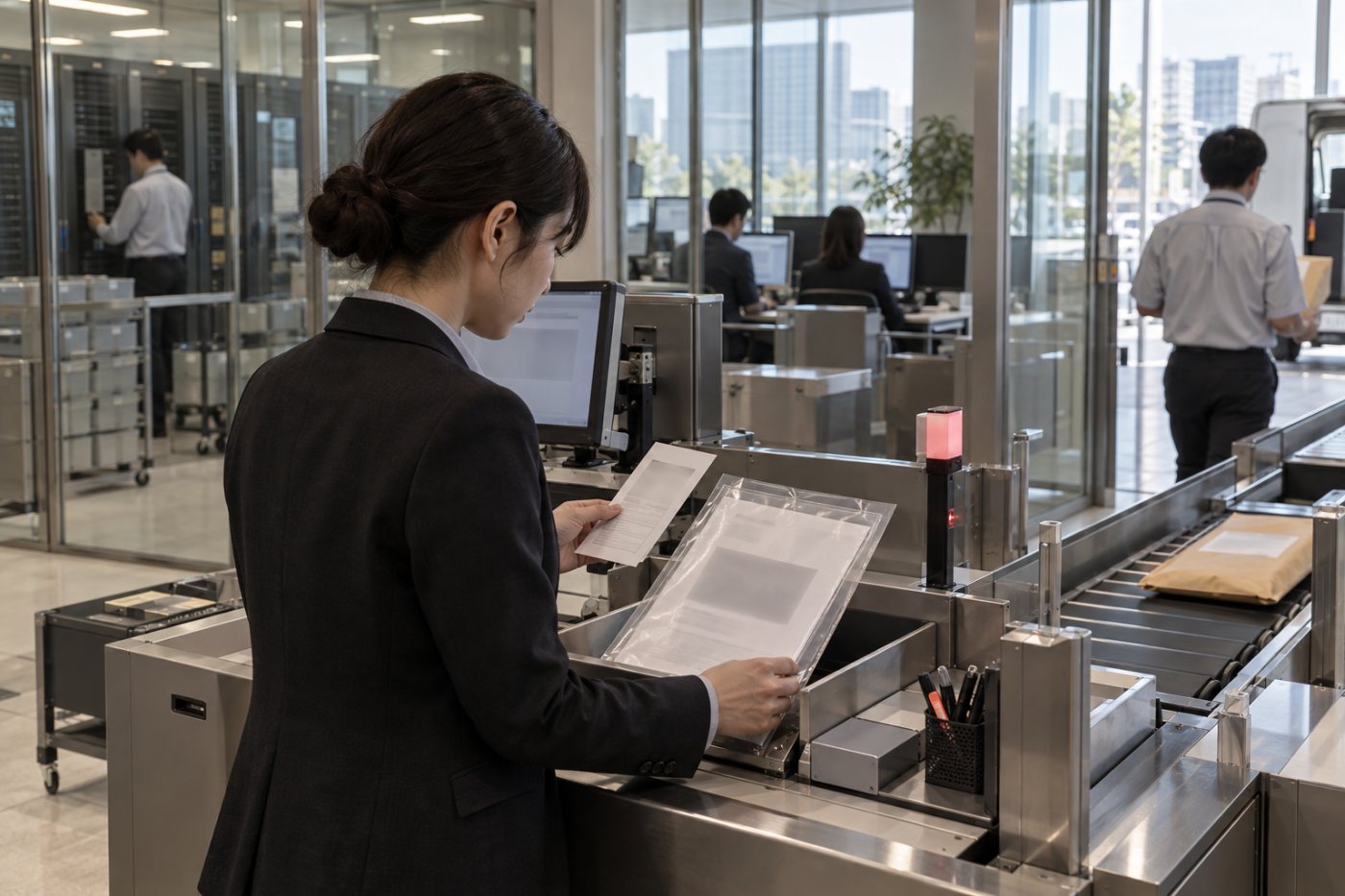 保存済みの機密文書が外部送信の直前に文脈を評価され、許可または停止される処理