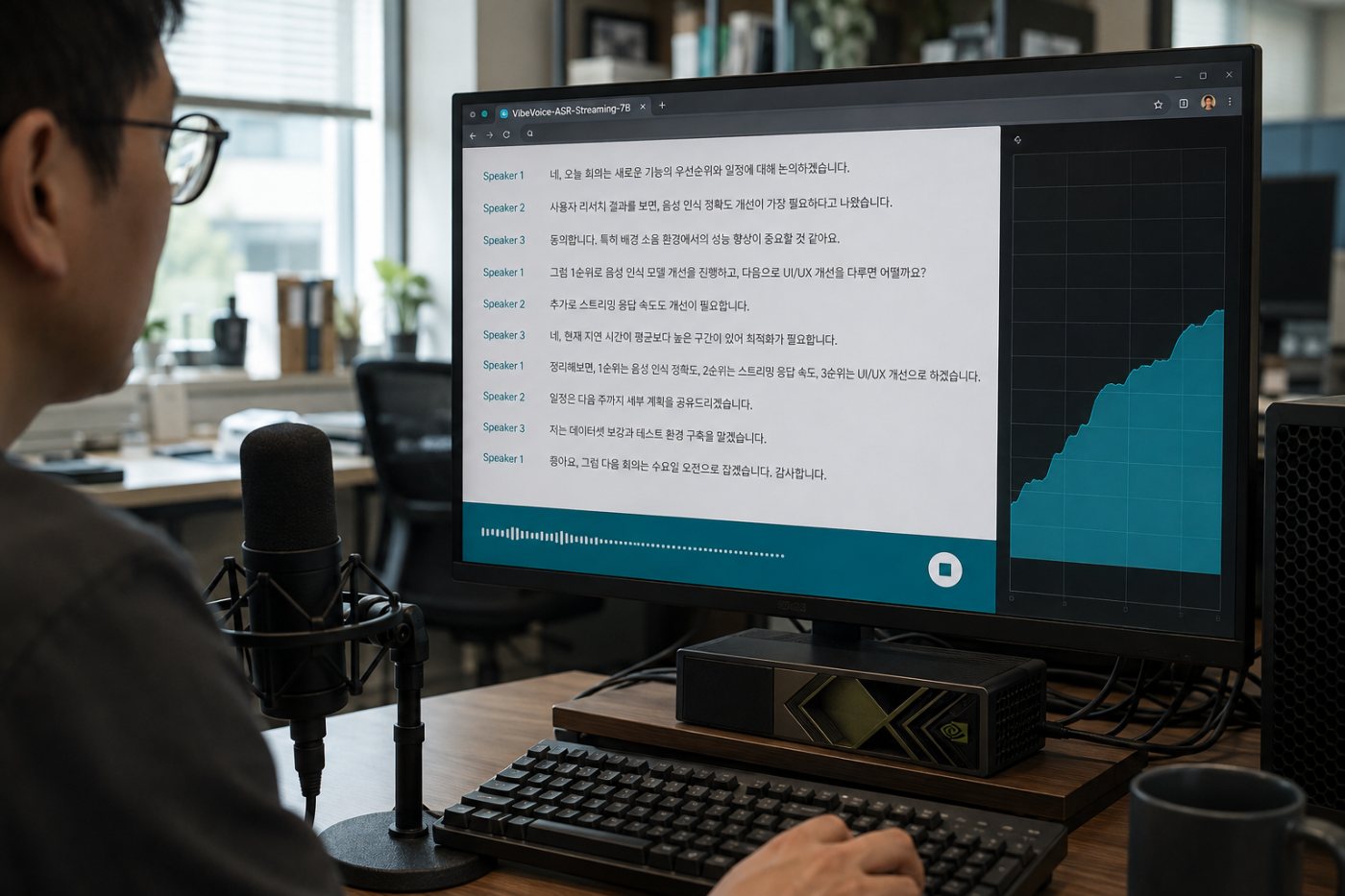 NVIDIA CUDA 로컬 환경에서 마이크 음성을 처리하며 전사와 GPU 메모리 상태를 확인하는 실행 과정