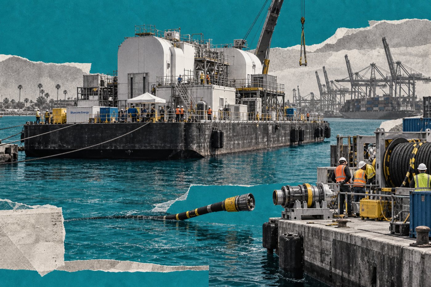 Barcaza con reactor pequeño durante la integración previa a suministrar electricidad a un puerto.