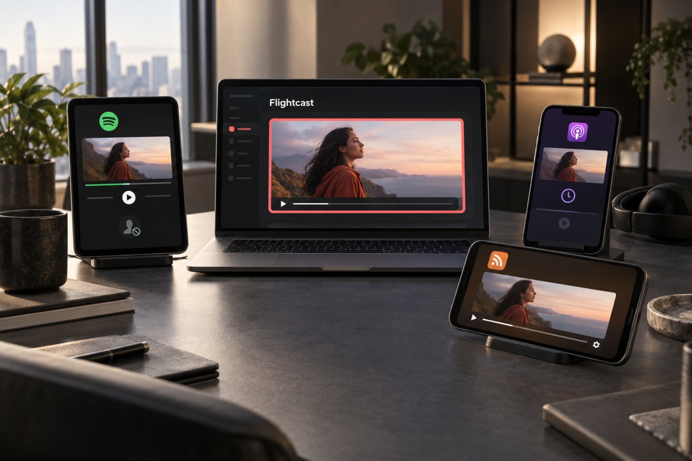 Flightcast کا ایک video creative تین مختلف podcast destinations تک الگ delivery status کے ساتھ پہنچ رہا ہے