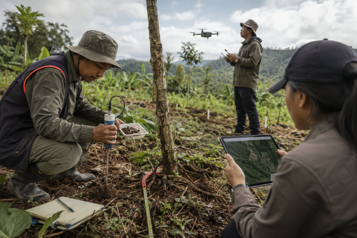 Dados de drones, satélites e medições terrestres são confrontados para verificar carbono em área agroflorestal.