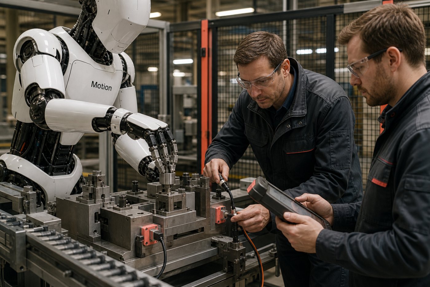 Ein Integrationsteam bindet einen humanoiden Roboter in einen bestehenden Produktionsablauf ein und prüft seine konkrete Aufgabe.