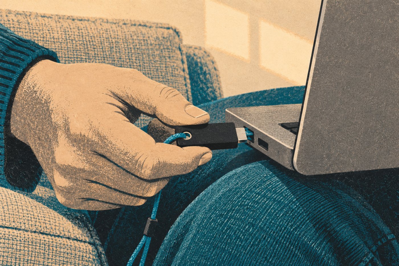 Një çelës fizik sigurie FIDO2 lidhet me kompjuterin për krijimin e passkey-t në Google Account.