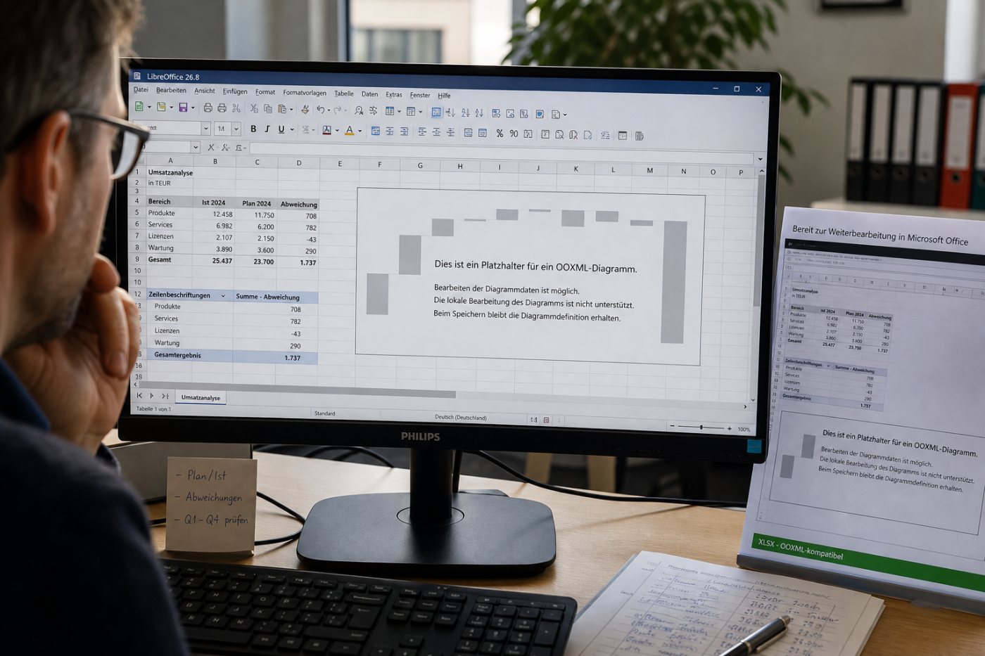 LibreOffice 26.8 bewahrt ein OOXML-Wasserfalldiagramm für die Weitergabe, kann es aber noch nicht selbst darstellen oder bearbeiten.