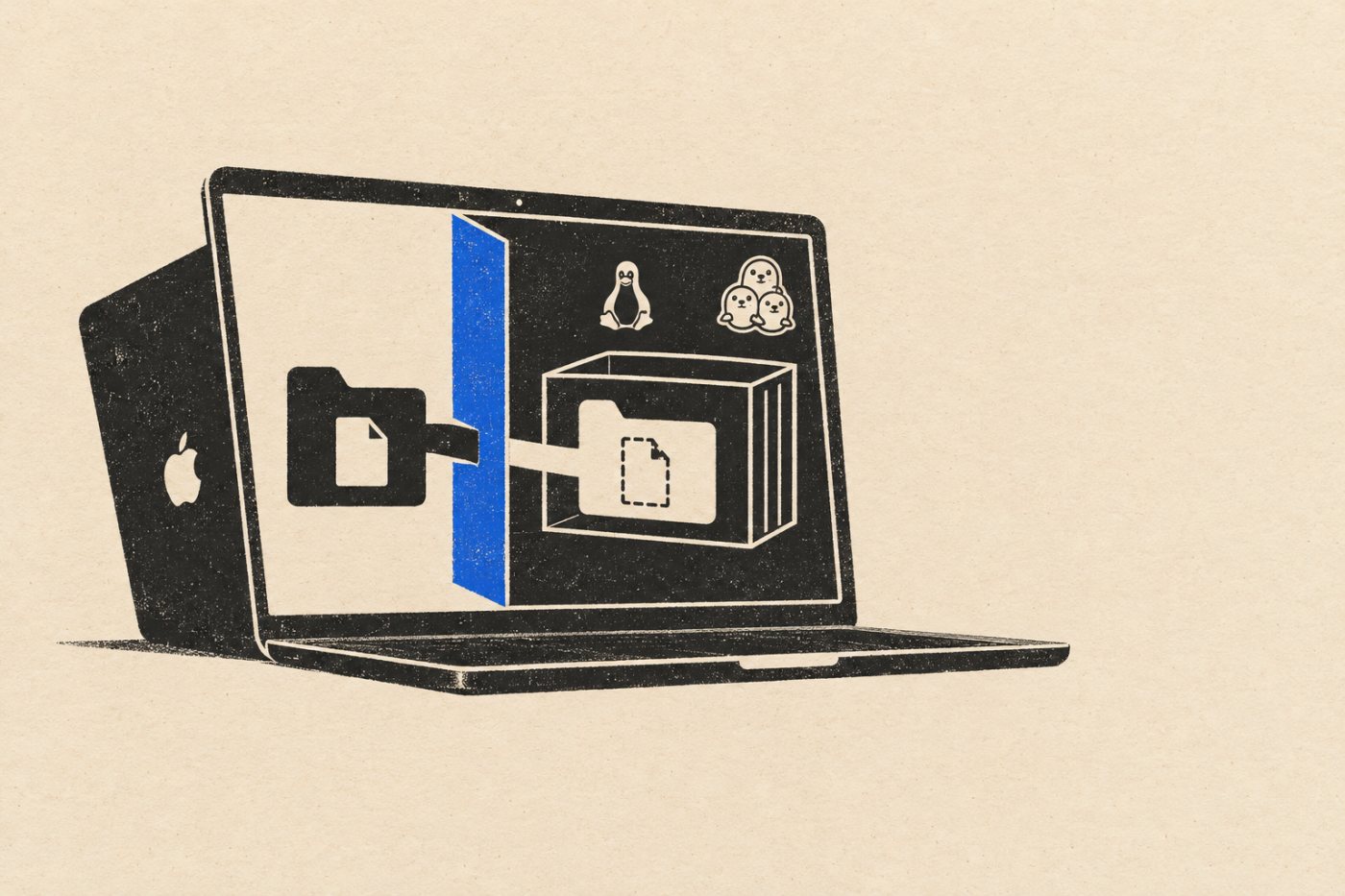 Podmanin macOS-työnkulussa hakemistoliitos kulkee Linux-virtuaalikoneen kautta.