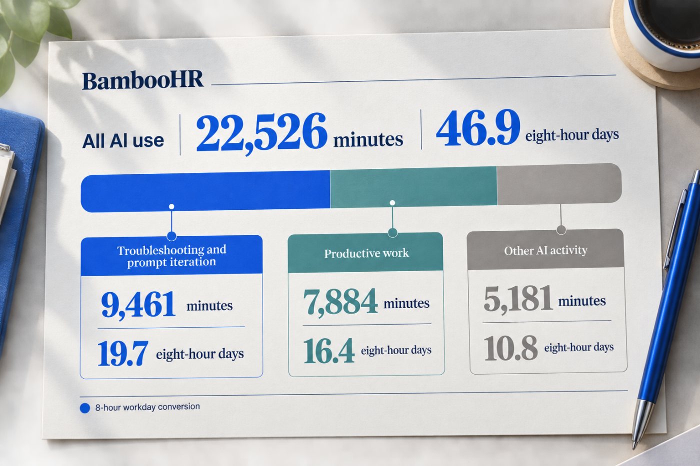 BambooHR’s reported annual AI time recalculated into 19.7 troubleshooting days, 16.4 productive days and 10.8 days of other use.