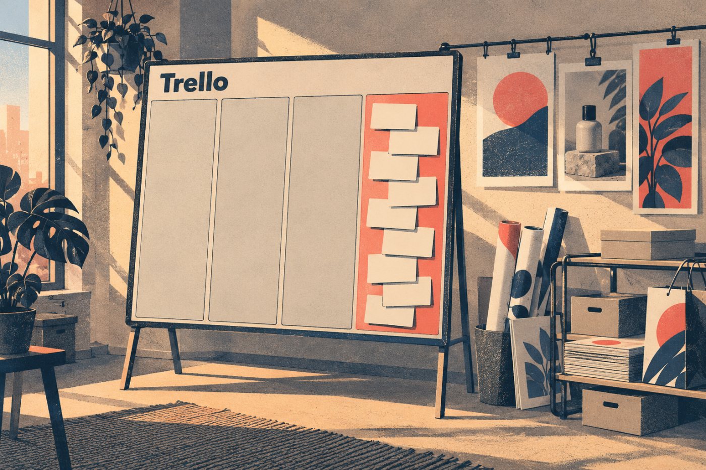 Карткі Trello праходзяць этапы асобнага праекта, стан якога бачны на адной дошцы.