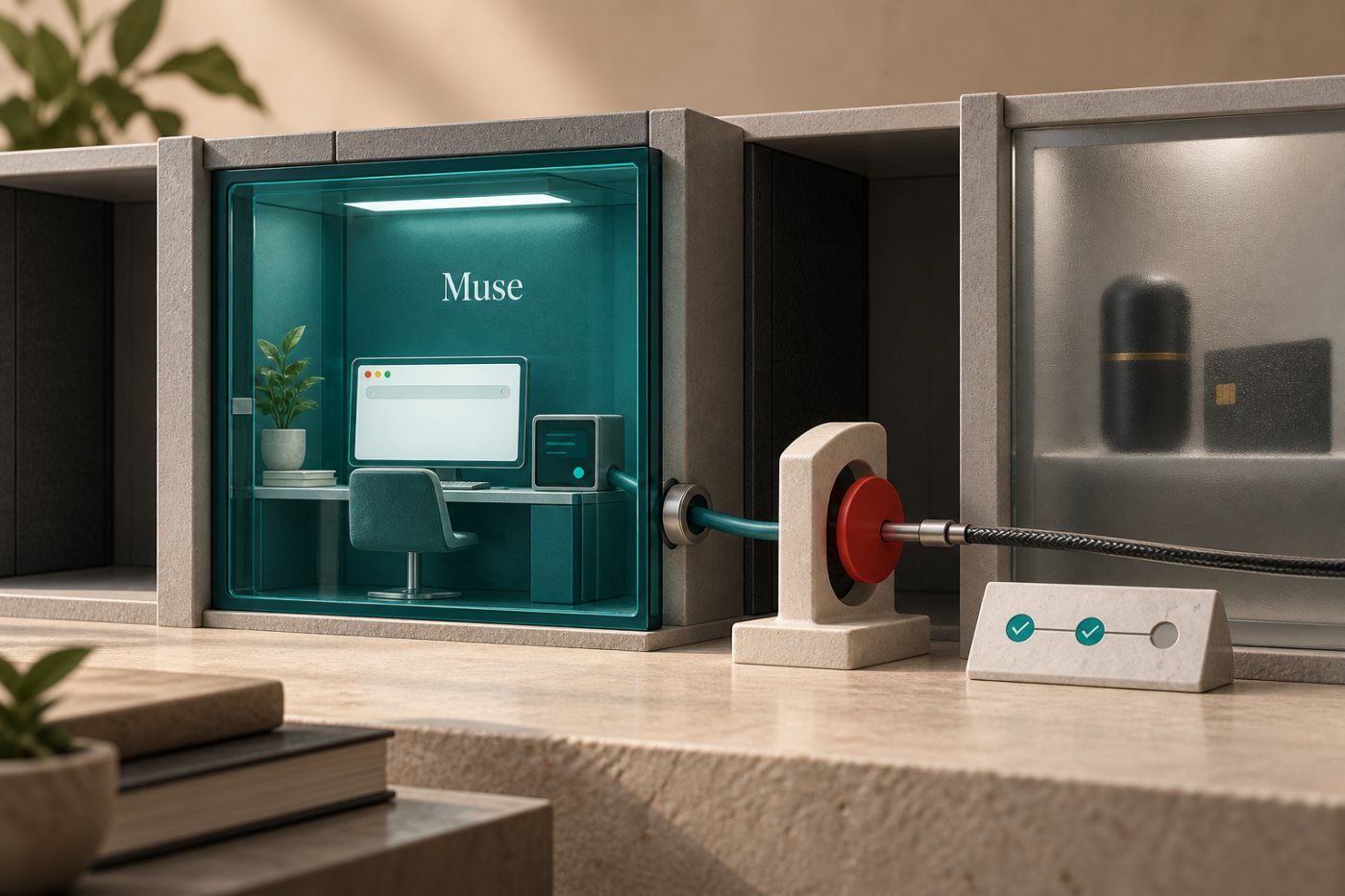 Muse arbeitet in einer getrennten Secure VM, während Sentinel eine Kaufaktion zur Freigabe anhält.