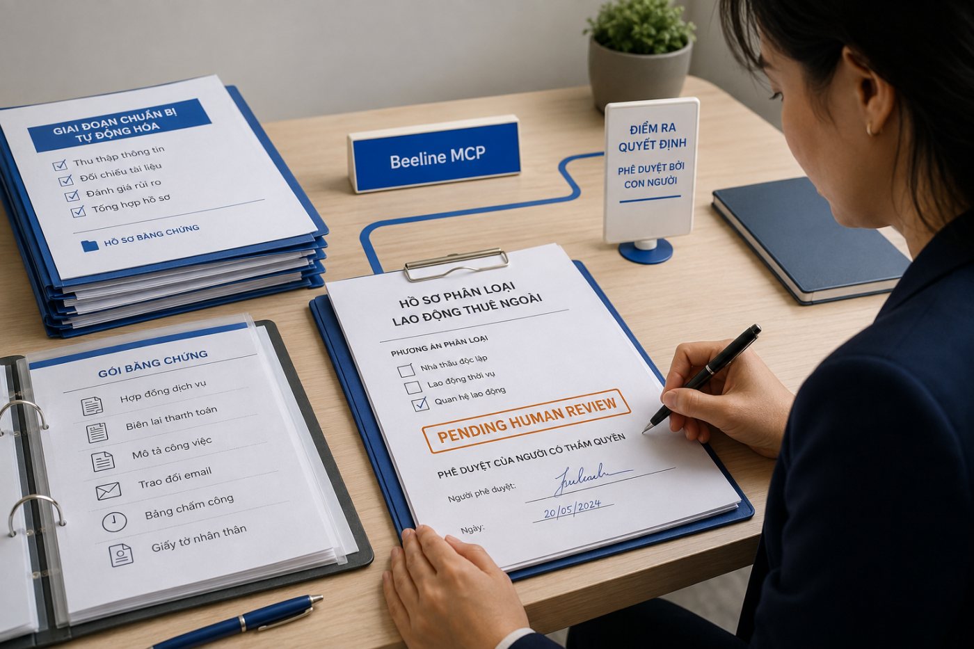 Hồ sơ phân loại lao động dừng sau bước hỗ trợ tự động để chuyên gia tuân thủ đưa ra quyết định.
