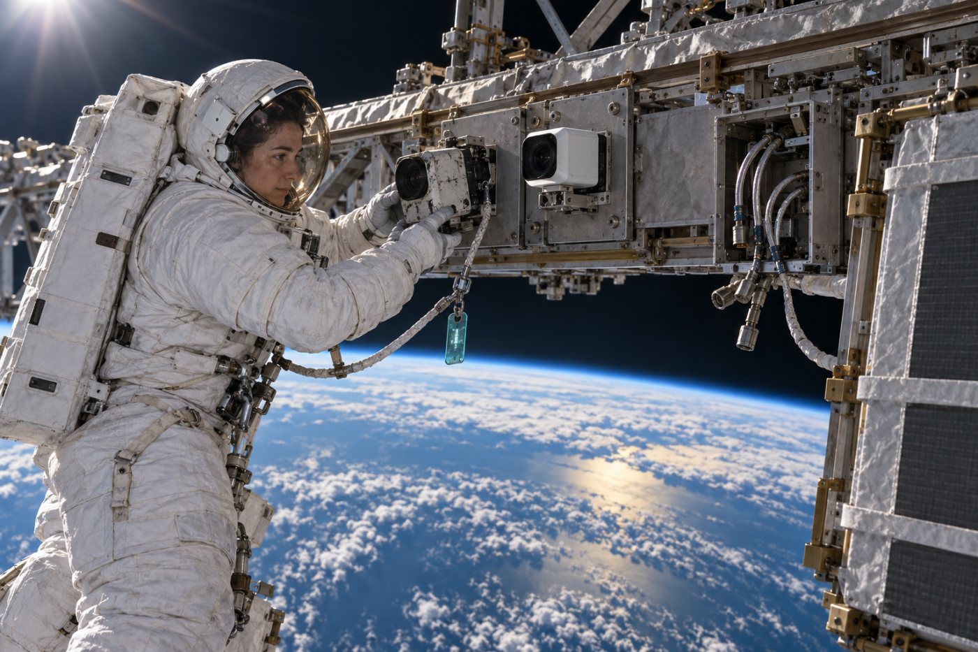 Jessica Meir ersetzt die ausgefallene HD-Kamera am ISS-Gittersegment, während weitere Wartungsarbeiten vorbereitet bleiben.